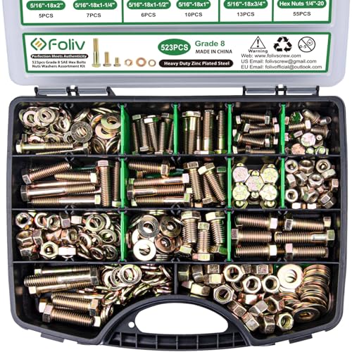 FOLIV 523PCS Grade 8 Bolts and Nuts Assortment Kit, Heavy Duty Nut and Bolt Assortment, 1/4-20 5/16-18 3/8-16 SAE Hex Bolts, Length from 1/2" to 1-1/2" - style: 523PCS 1/4-20 5/16-18 3/8-16