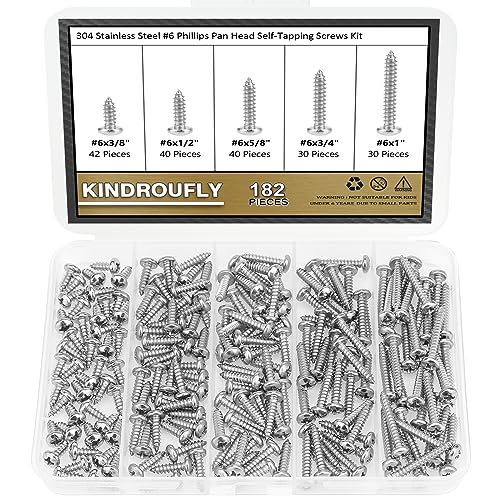 182 Pieces #6 x 3/8" 1/2" 5/8" 3/4" 1" Phillips Pan Head Self-Tapping Screws, Wood Screws Assortment Kit, 304 Stainless Steel - size: #6