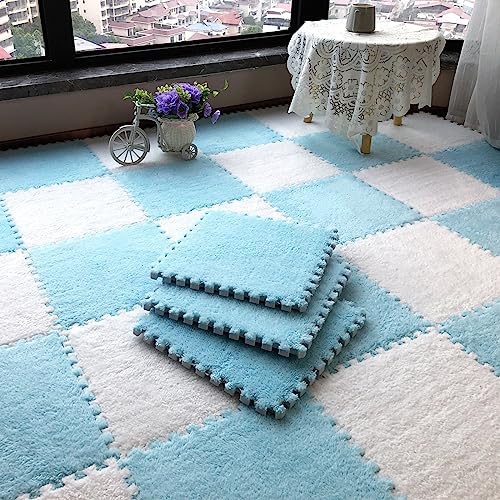 12pcs Tiled Puzzle Play Mats Interlocking Shaggy Soft EVA Foam Mats Protective Floor for Children Kids Room Home Parlor Bedroom(Lightblue) - color: Lightblue