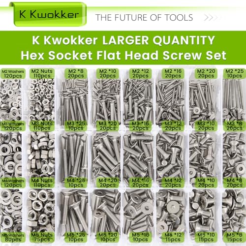 24 Sizes M2 M3 M4 M5 Hex Socket Flat Head Screw Bolts and Nuts Kit, 8MM to 25MM 304 Stainless Steel Nuts and Bolts Assortment Kit Silver Metric Machine Screws 8mm 10mm 12mm 16mm 20mm 25mm - size: D. M2 M3 M4 M5