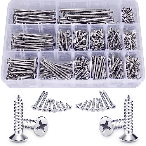 520PCS Wood Screws Assortment Kit - Stainless Steel Self Tapping Screw Set, Assorted Small Self Drilling Drywall Screws with Case, #4#6#8#10 Phillips Flat Head Sheet Metal Screws, Length 1/4" to 3"