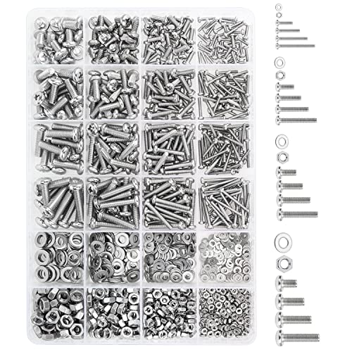 HELIFOUNER 1280 Pieces M2 M3 M4 M5 Phillips Pan Head Machine Screws, Flat Washers and Nuts Assortment Kit, 304 Stainless Steel - size: M2 M3 M4 M5