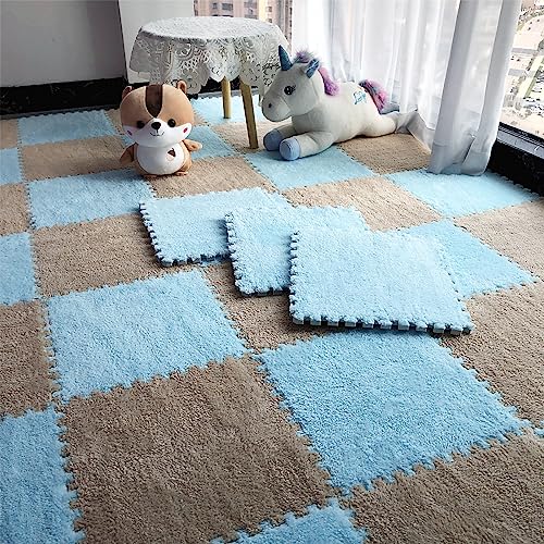 12pcs Tiled Puzzle Play Mats Interlocking Shaggy Soft EVA Foam Mats Protective Floor for Children Kids Room Home Parlor Bedroom(Lightblue) - color: Lightblue