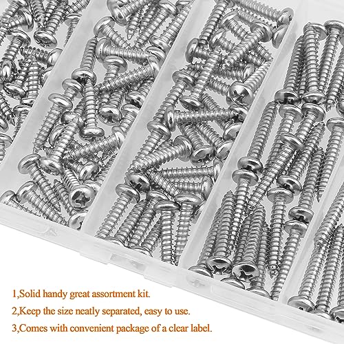 #8 x 1/2" 5/8" 3/4" 1" 1-1/4" Wood Screws Set, HELIFOUNER 125 Pieces Phillips Pan Head Self-Tapping Screws Assortment Kit, Phillips Pan Head Wood Screws, 304 Stainless Steel - size: #8