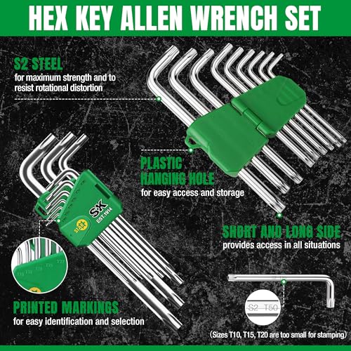 SK Allen Wrenches Sets, 9-Piece L-Shape Star Hex Key Set, S2 Steel - style: Star