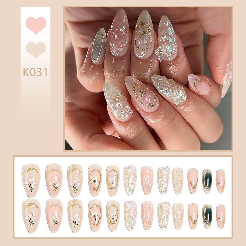 3D Press on Nails Almond - Medium French Tip Fake Nails with Embossed White Bead Designs, Glossy Finish Reusable False Nails with Glue Tabs - 24Pcs Nail Kit for Women Manicure(3D Embossed design 11) - color: 3D Embossed design 11