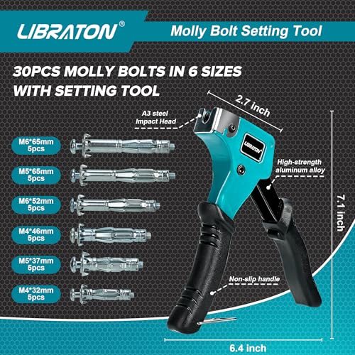LIBRATON Molly Bolts for Drywall & Plaster Wall (0.12"-1.52"), 30PCS 6 Size | 6 Sizes with Setting Tool, Heavy Duty Hollow Wall Metal Anchors Screws Kit, Holds Up to 65lbs, for TV, Shelf, Mirror
