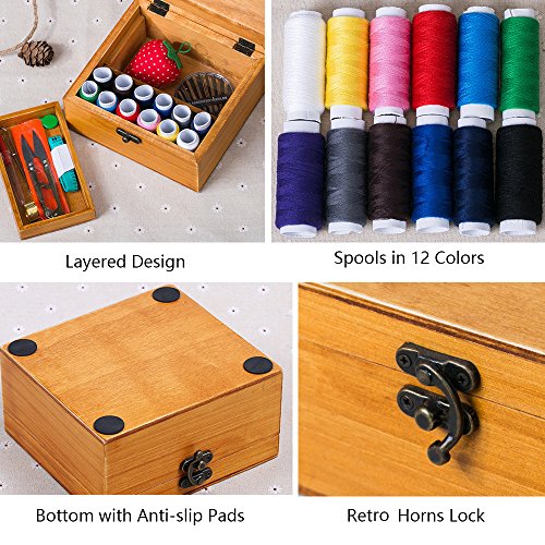 Flytreal Sewing Kit Small Box Basket, Wooden Hand Home Sewing Repair Tool Kit, Beginner Universal Sew Kit Accessories for Women, Men, Adults, Girls, Kids - color: Small Yellow