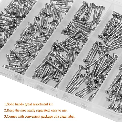 #4 x 1/2" 5/8" 3/4" 1" 1-1/4" Wood Screws Set, HELIFOUNER 200 Pieces Phillips Countersunk Head Self-Tapping Screws Assortment Kit, Phillips Flat Head Wood Screws, 304 Stainless Steel - size: #4