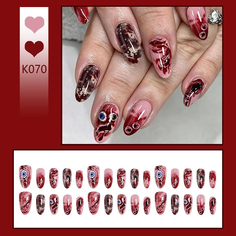 Halloween Press on Nails Almond - Medium Tip Fake Nails with Terrifying Eyes Designs,Glossy Finish Reusable False Nails for Women Manicure(3D Embossed design 13) - color: 3D Embossed design 13