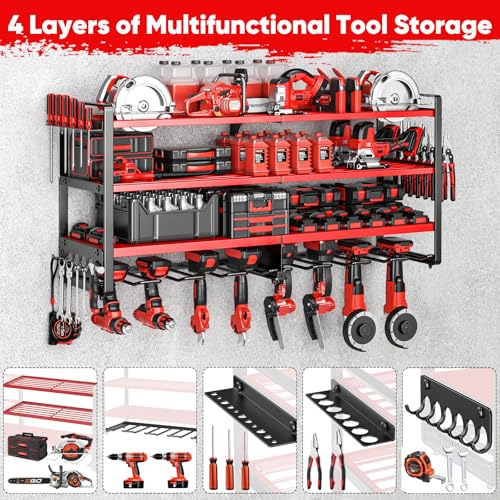 POKIPO Upgrade Large power tool organizer Wall Mount,4 Layers Heavy Duty Metal Loads 400lbs Power Tool Hanger Shelf Battery Storage with 8 Cordless Drill Bit Holder,Utility Racks for Garage Tool Room - color: Red