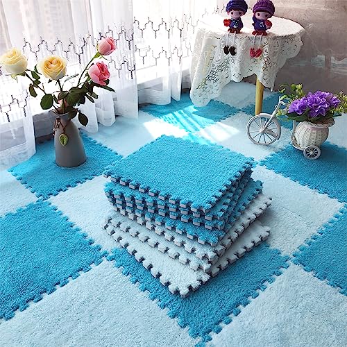 12pcs Tiled Puzzle Play Mats Interlocking Shaggy Soft EVA Foam Mats Protective Floor for Children Kids Room Home Parlor Bedroom Blue Anti-Fatigue - color: Blue