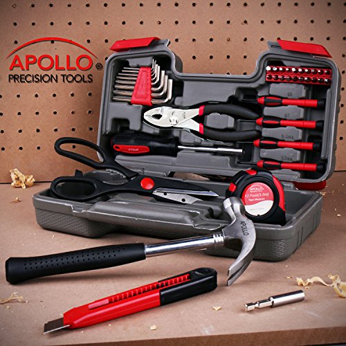 Apollo Tools 39 Piece General Household Tool Set, Red/Black DT9706 - color: Red, size: 39-Piece (with Slip Joint Pliers + Scissors)