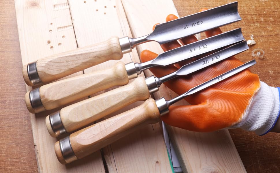 ATOPLEE 4 Pieces Wood Chisel Set for Woodworking, Professional Wood Chisel Tool Carpenter Gouge CR-V Steel Semi-Circular Edge Sharp Blade 8mm(5/16")/12mm(1/2")/18mm(3/4")/25mm(1") (Full Size-4PCS) - size: Semi-Circular-4 Piece Set (8mm/12mm/18mm/25mm)