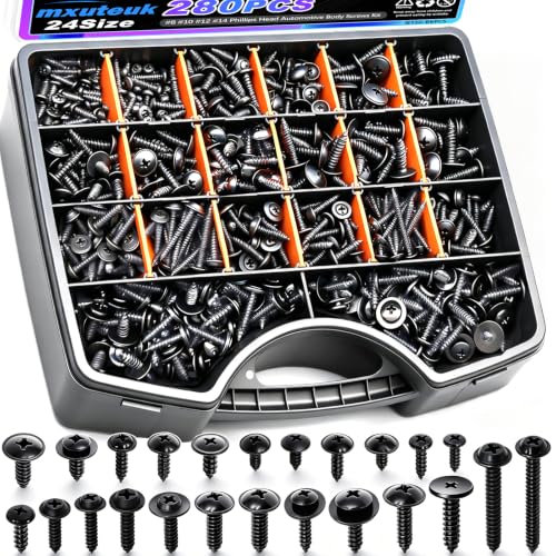 mxuteuk 280PCS Automotive Screws Kit,#8#10#12#14 Phillips Head Automotive Body Self Tapping Screws(24 Size) - color: Black-24Sizes Automotive Screws Kit
