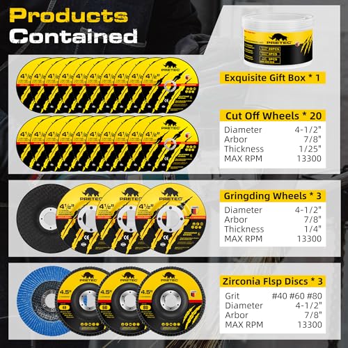 26 Packs Angle Grinder Cutting Flap Grinding Disc Wheel 4 1/2in Inches - 20 Packs 4.5"x1/4"x7/8" Cut off Wheels,3 Packs 4.5"x7/8" 60 Grit Flap Discs, 3 Packs 4.5"x1/25"x7/8" Grinding Wheels | 20 Packs 4.5"x1/4"x7/8" Cut off Wheels,3 Packs 4.5"x7/8" 60 Gri