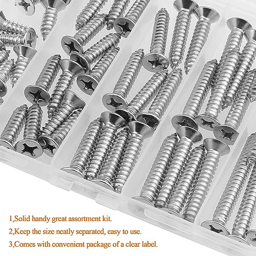 #14 x 3/4" 1" 1-1/4" 1-1/2" 2" Wood Screws Set, HELIFOUNER 52 Pieces Phillips Countersunk Head Self-Tapping Screws Assortment Kit, Phillips Flat Head Wood Screws, 304 Stainless Steel - size: #14