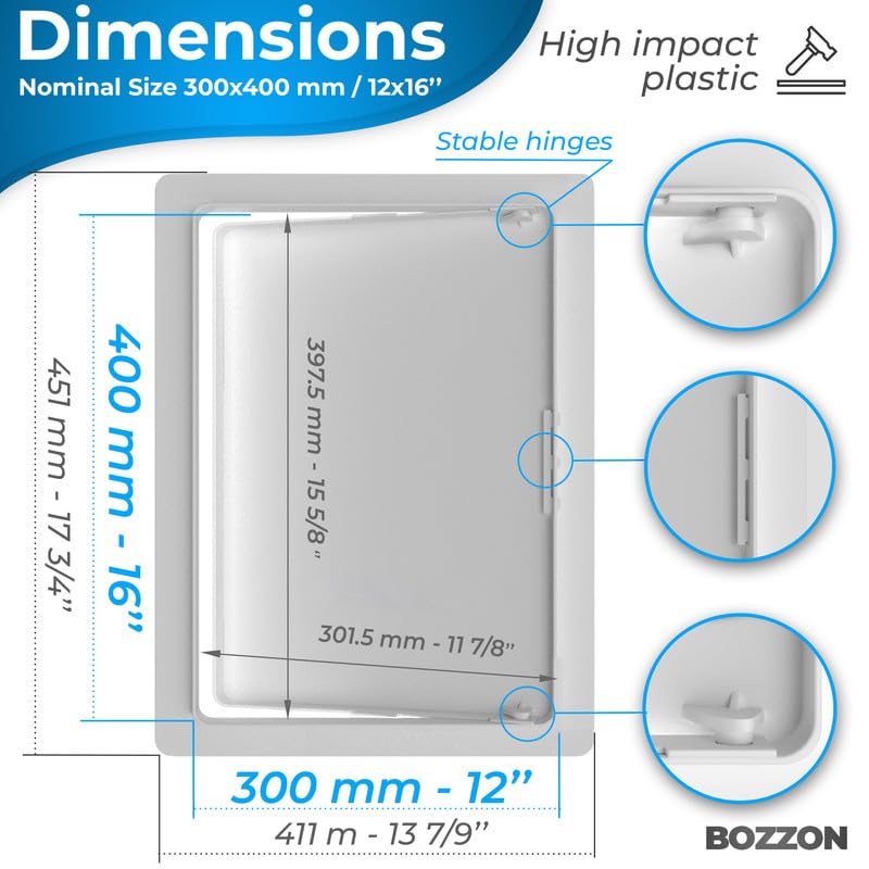 BOZZON Access Panel for Drywall - 12 x 16 in - Wall Hole Cover - Access Door - Plumbing Access Panel for Drywall - Heavy Durable Plastic White - size: 12 x 16