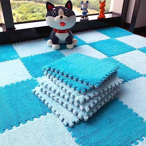 12pcs Tiled Puzzle Play Mats Interlocking Shaggy Soft EVA Foam Mats Protective Floor for Children Kids Room Home Parlor Bedroom Blue Anti-Fatigue - color: Blue
