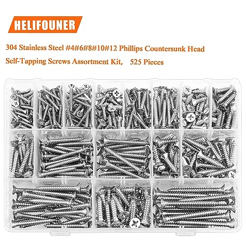 525 Pieces #4#6#8#10#12 Wood Screws Set, HELIFOUNER 16 Sizes Phillips Countersunk Head Self-Tapping Screws Assortment Kit, Phillips Flat Head Wood Screws, 304 Stainless Steel - size: #4#6#8#10#12