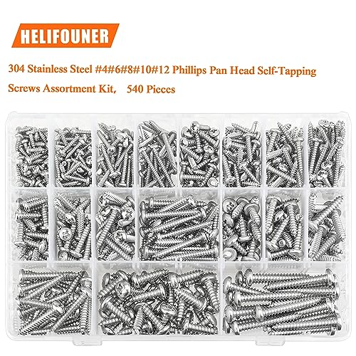 540 Pieces #4#6#8#10#12 Wood Screws Set, HELIFOUNER 18 Sizes Phillips Pan Head Self-Tapping Screws Assortment Kit, Phillips Pan Head Wood Screws, 304 Stainless Steel - size: #4#6#8#10#12