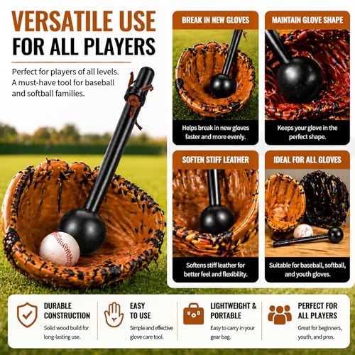Hollowfly Baseball Glove Mallet 12 Inch Baseball Softball Glove Shaping Hammer with Leather Rope- Quick Create Ball Shaped Pocket for Softball - color: Black