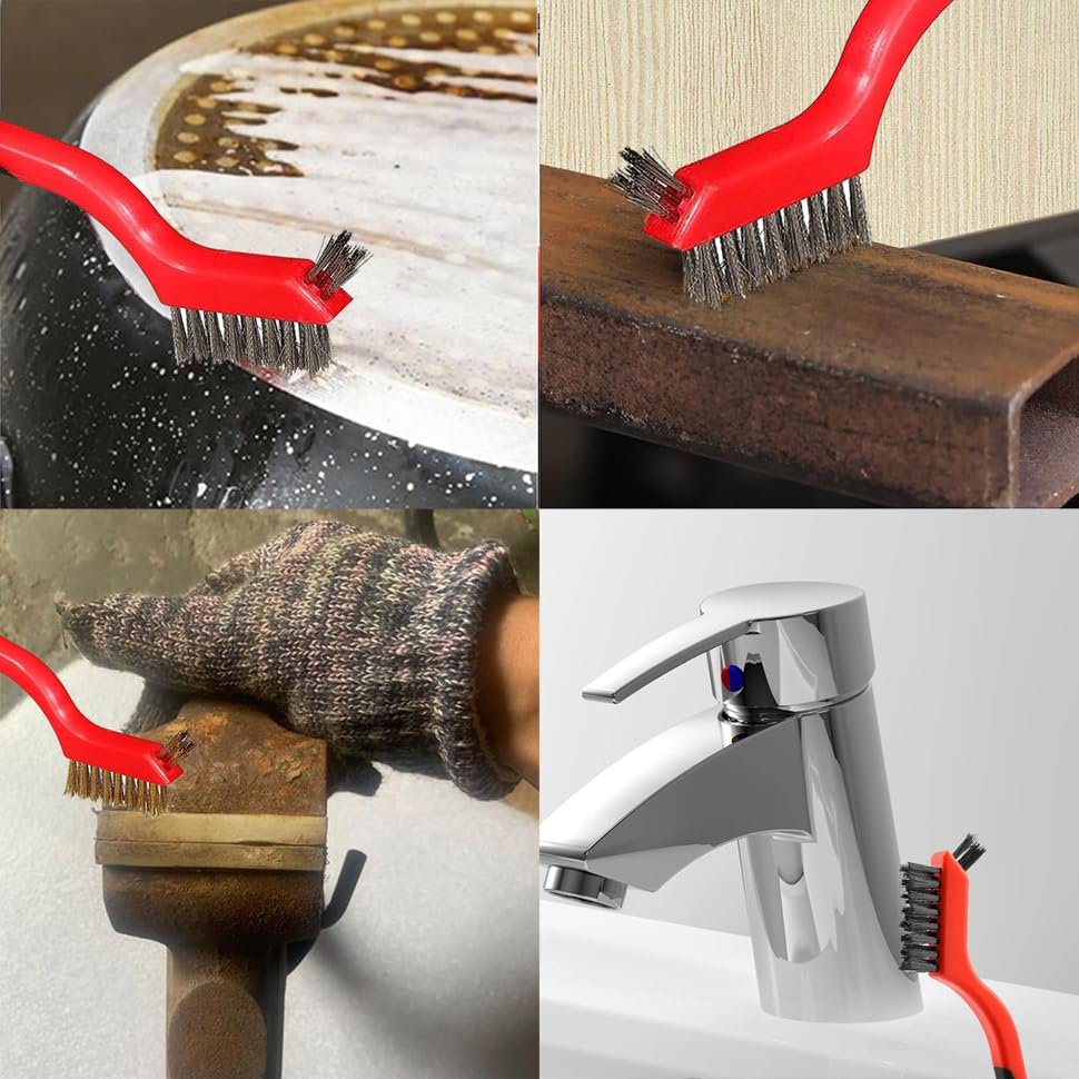 Wire Brush Set (3-Pack) for Precision Cleaning – Brass, Nylon & Stainless Steel Brushes for Rust Removal, Delicate Surfaces & Tight Spaces – 7-Inch Curved Handle - color: 3 PCS RED