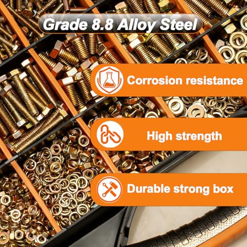 1480pcs Metric Nuts and Bolts Assortment Kit, M4 M5 M6 M8 Bolt Assortment, Grade 8.8 Alloy Steel with Yellow Zinc Plated, Length from 12-30mm - size: 1480PCS Metric (M4, M5, M6, M8)