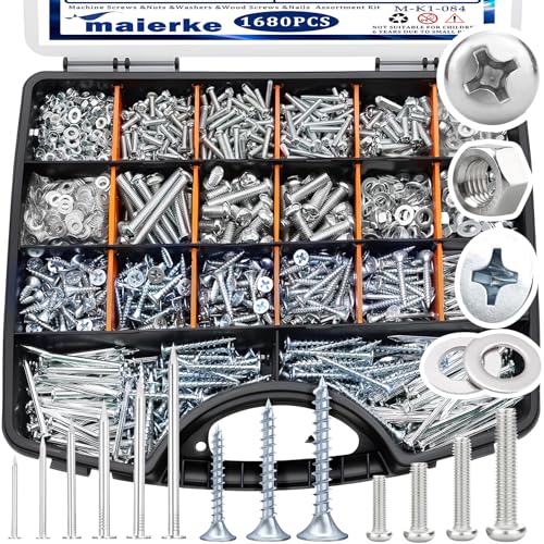 1680 PCS High Hardness Screw Bolts and Nuts & Nails & Wood Screws Assortment Kit,M3/M4/M5/M6 Machine Screws,Small Nails,#6#8 Drywall Screw Set for Picture Hanging and DIY (Length 1/2 to 2")