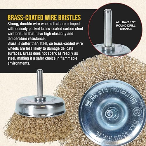 Dura-Gold 12-Piece Abrasive Brass-Coated Wire Wheel, Cup Brush, and End Brush Set, 1/4" Drill Shank, Carbon Steel Bristles - Surface Prep Grinding, Stripping Metal, Clean Remove Rust, Corrosion, Paint
