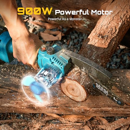 SEESII Mini Chainsaw Cordless 8 inch, Oiler System & Replacement Chain - color: Navy Blue