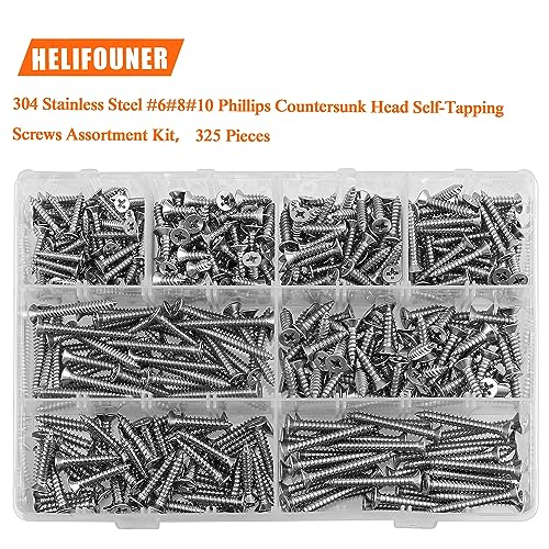 325 Pieces #6#8#10 Wood Screws Set, HELIFOUNER 8 Sizes Phillips Countersunk Head Self-Tapping Screws Assortment Kit, Phillips Flat Head Wood Screws, 304 Stainless Steel - size: #6#8#10
