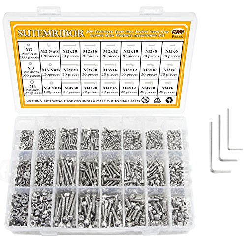 304 Stainless Steel Screws Nuts and Washers 1200PCS, Sutemribor M2 M3 M4 Hex Socket Head Cap Bolts Screws Nuts Washers Assortment Kit with Hex Wrenches