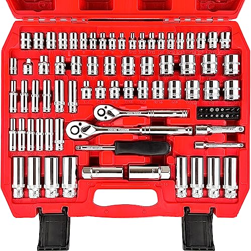 WETT 1/4" and 3/8" Drive Socket Set, 86-Piece Socket Wrench Set with Quick-Release Ratchet, Extention Bar, Adapter, 1/4" Bits, CR-V Steel, Metric/SAE, Deep/Shallow, Mirror Chrome Finish - size: 86pcs 1/4" & 3/8" (SAE/Metric, Deep/Shallow)