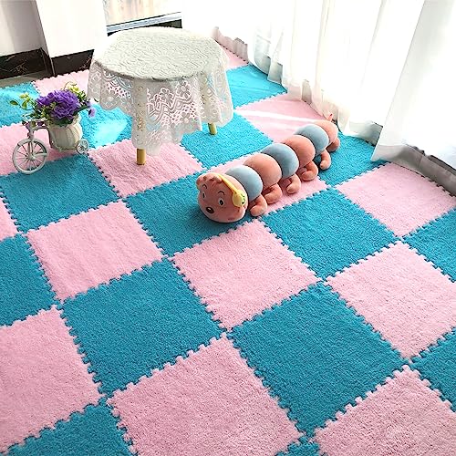 12pcs Tiled Puzzle Play Mats Interlocking Shaggy Soft EVA Foam Mats Protective Floor for Children Kids Room Home Parlor Bedroom Blue Anti-Fatigue - color: Blue