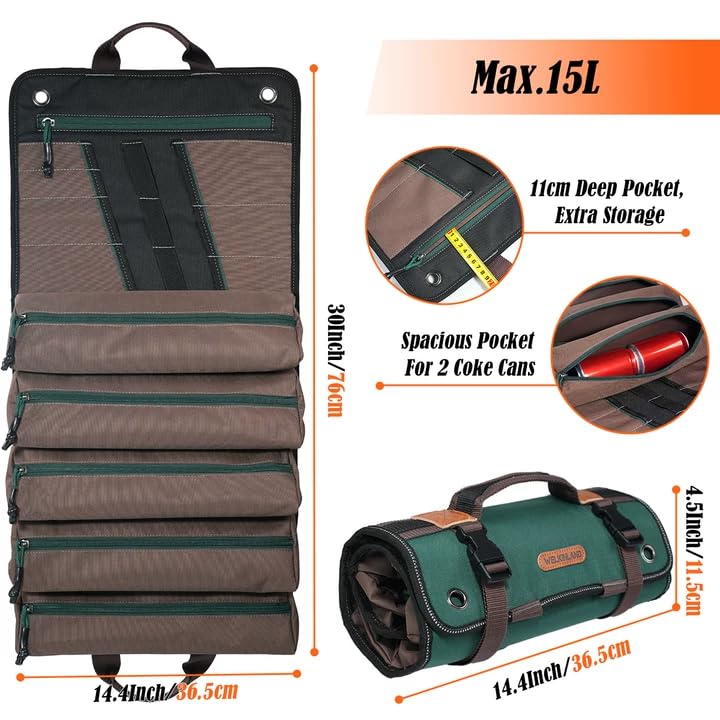 WELKINLAND 15-Pocket Tool Roll - Heavy-Duty, Green-RipStop, 15L Capacity