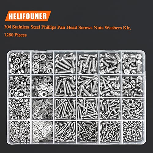 HELIFOUNER 1280 Pieces M2 M3 M4 M5 Phillips Pan Head Machine Screws, Flat Washers and Nuts Assortment Kit, 304 Stainless Steel - size: M2 M3 M4 M5