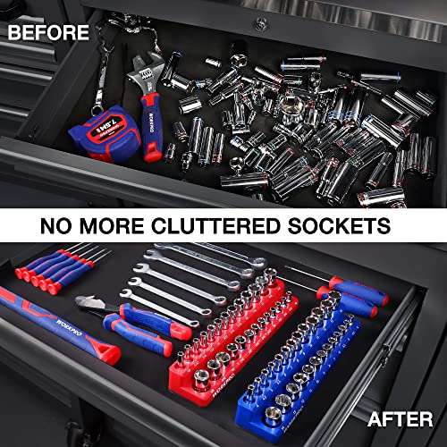 WORKPRO 1/4-inch Magnetic Socket Organizer Set, 2-Piece SAE & Metric Socket Holders, Holds 52 Standard and Deep Sockets for Tool Box, Tool Carts (Sockets Not Included) - size: 1/4" SAE&Metric