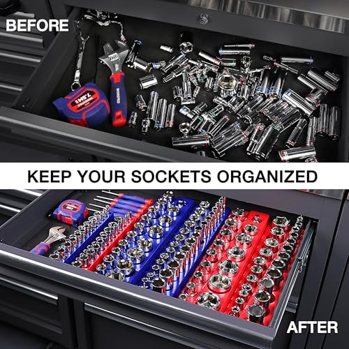 WORKPRO Magnetic Socket Organizer Set, 6-Piece Metric SAE Socket Holder Set - size: 6 Pieces-1/4", 3/8", & 1/2" DR, SAE & Metric