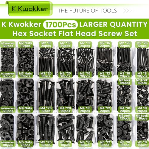 1700Pcs M2 M3 M4 M5 Hex Socket Flat Head Screws Assortment Kit - size: C. M2 M3 M4 M5