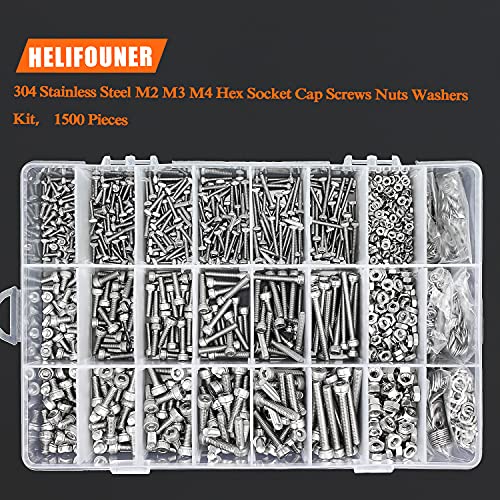 HELIFOUNER 1500 Pieces M2 M3 M4, 304 Stainless Steel Hex Socket Cap Metric Screws Bolts Washers Nuts Hardware Assortment Kit with Hex Wrenches - style: Socket Head