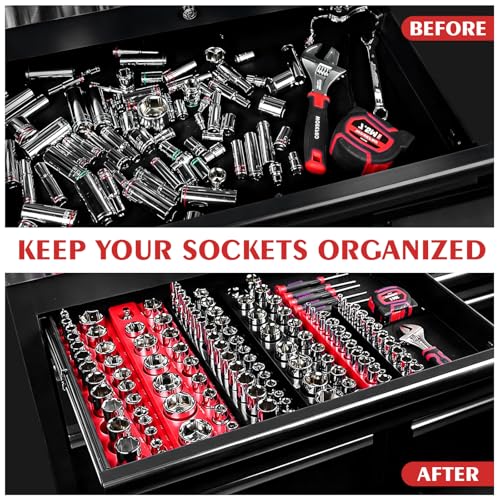 GUTIMORE Magnetic Socket Organizer Set, 6PCS Socket Holder,1/4", 3/8", 1/2" Metric & SAE Magnetic Socket Tools Trays,Holds 143pcs Sockets For Tool Box Drawer (Socket not Included)