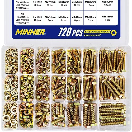 MINHER M4 M5 M6 Bolts and Nuts Assortment Kit 720PCS Hex Screws Nuts & Washers Set - color: M4, M5, M6 (720PCS)