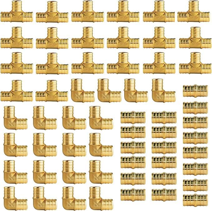 WiseWater 60 Pcs Pex Fittings, 3/4 inch T PEX Tee(20PCS) & 90 Degree Elbow & Straight Coupling, Brass Barb Crimp Pipe Fitting for Pex Pipe(Pack of 60), UPC Certified - size: ZH61902(3/4" PEX FITTINGS 60pk)