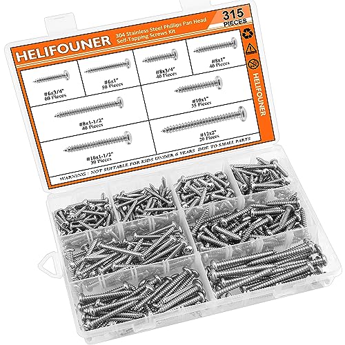 315 Pieces #6#8#10#12 Wood Screws Set, HELIFOUNER 8 Sizes Phillips Pan Head Self-Tapping Screws Assortment Kit, Phillips Pan Head Wood Screws, 304 Stainless Steel - size: #6#8#10#12