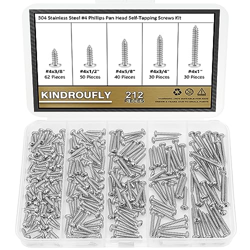 212 Pieces #4 x 3/8" 1/2" 5/8" 3/4" 1" Phillips Pan Head Self-Tapping Screws, Wood Screws Assortment Kit, 304 Stainless Steel - size: #4