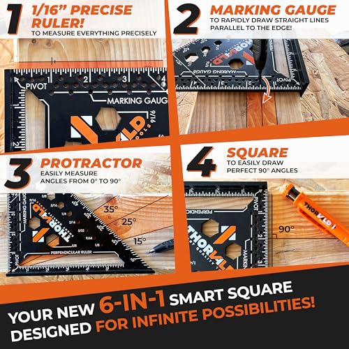 THORVALD 6-in-1 Carpenter Square 7 inch (1/16" Precision) - T Square Multi-Purpose Carpenter Tools : Wrench, Square, Protractor, Ruler, Marking Gauge, Drill Gauge - color: 1 Square