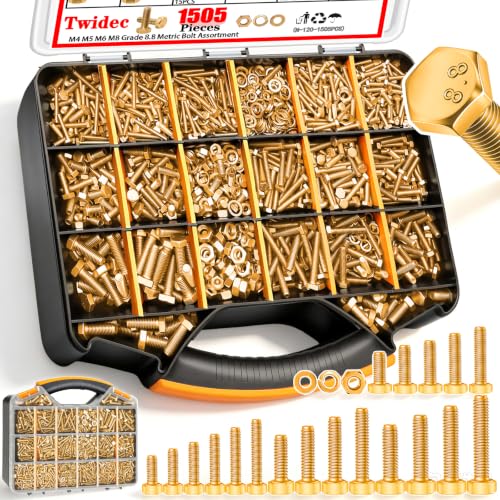 Twidec/1505PCS Metric Bolt Assortment M4/M5/M6/M8 Length 12-40mm Grade 8.8 - color: Golden 1505PCS M4 M5 M6 M8