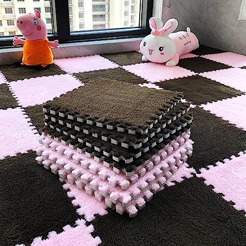 12pcs Tiled Puzzle Play Mats Interlocking Shaggy Soft EVA Foam Mats Protective Floor for Children Kids Room Home Parlor Bedroom(Brown) - color: Brown