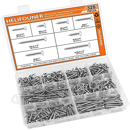 325 Pieces #6#8#10 Wood Screws Set, HELIFOUNER 8 Sizes Phillips Countersunk Head Self-Tapping Screws Assortment Kit, Phillips Flat Head Wood Screws, 304 Stainless Steel - size: #6#8#10